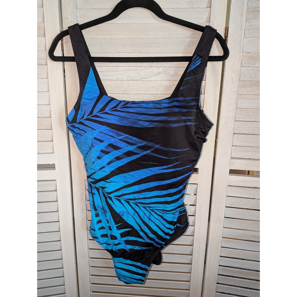 Swimsuits For All Womens Blue Black Tropical Palm One Piece Swimsuit Size 12